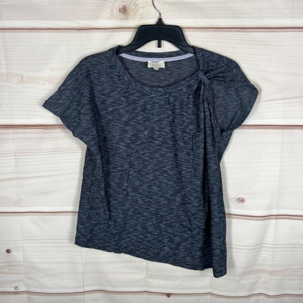 Deletta Top Womens XS Blue Stripe Cotton T-Shirt Asymmetrical Knit Short Sleeve